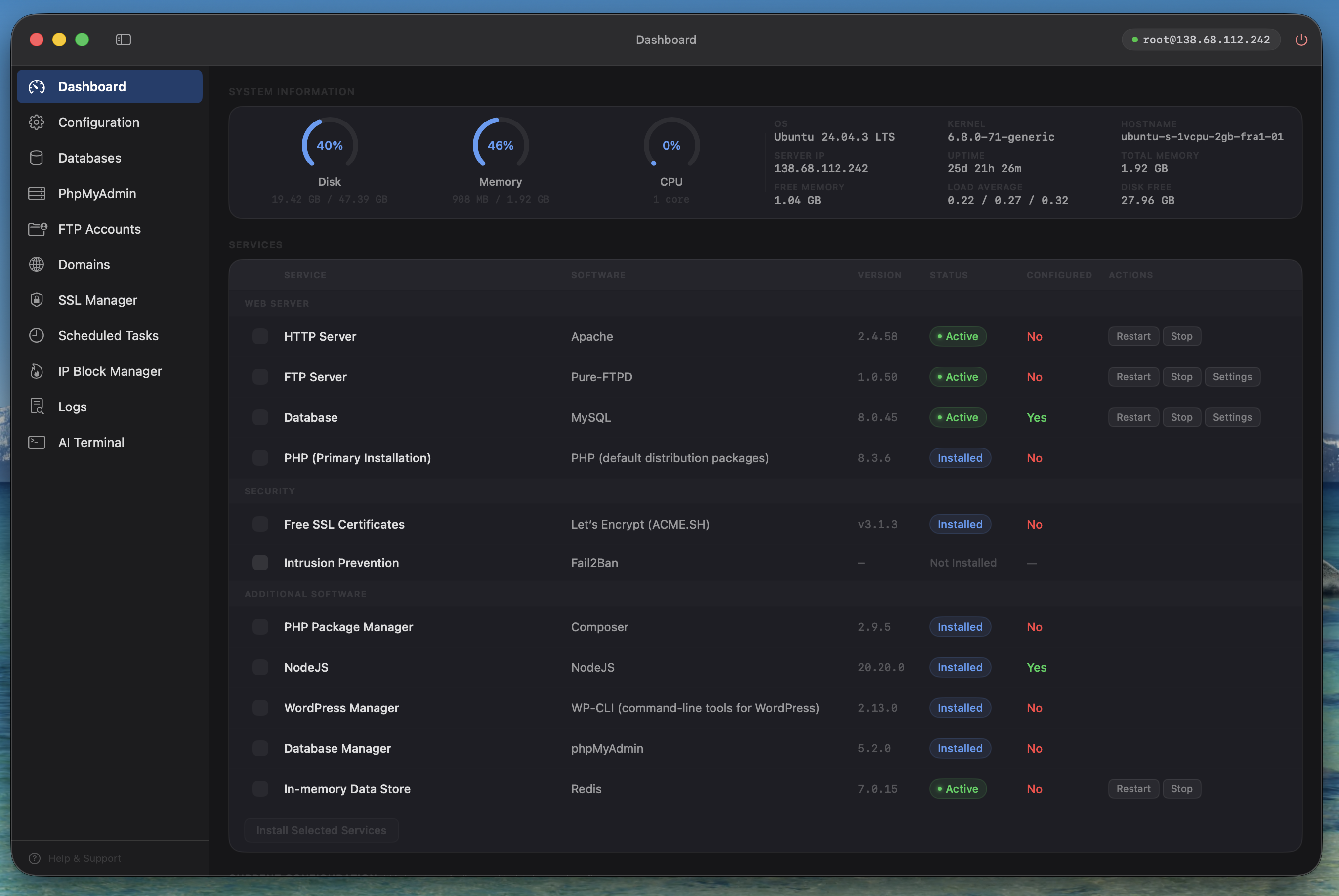 goPanel Dashboard showing server metrics, services, and controls