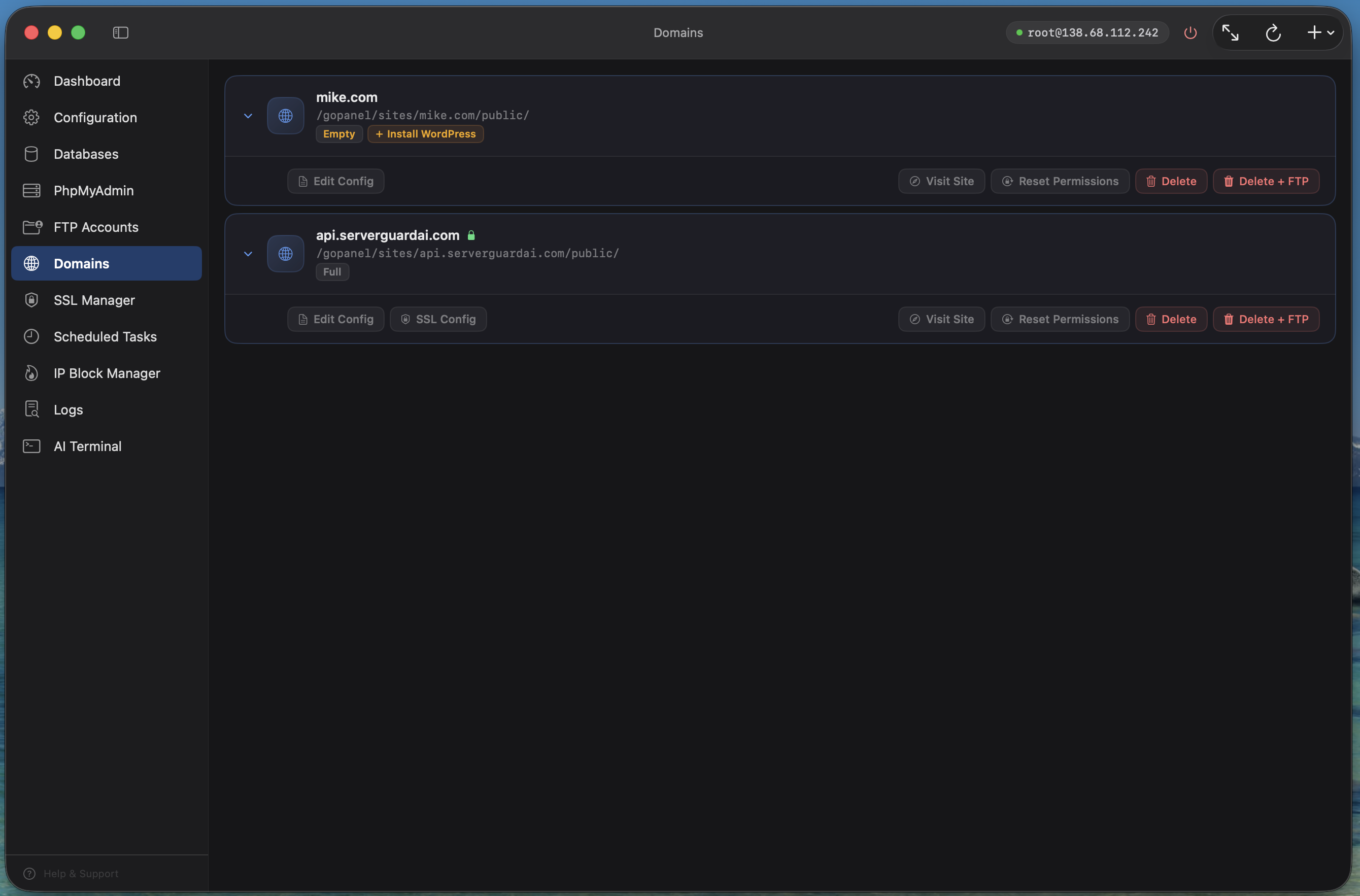 goPanel Domains view on Mac