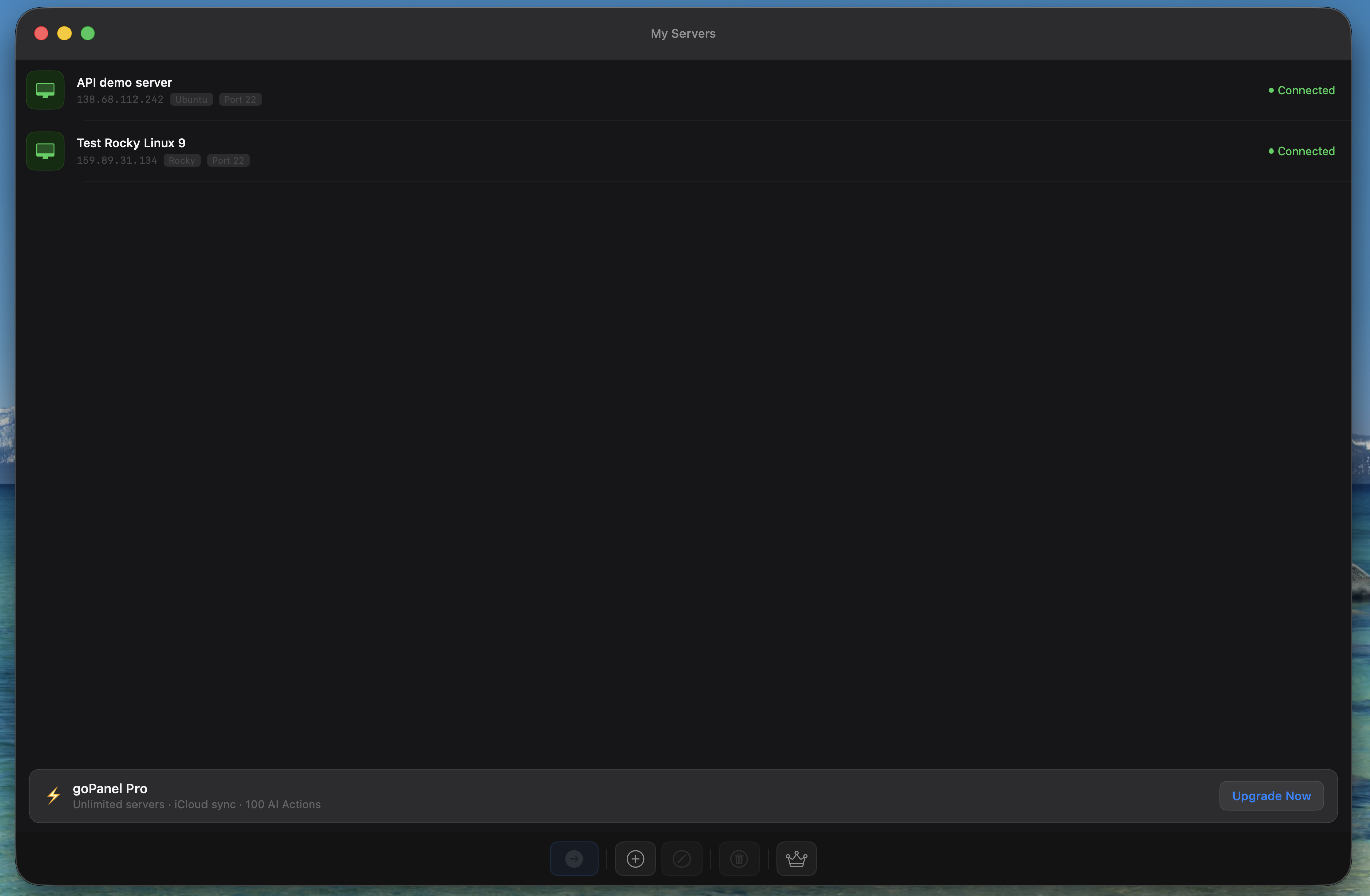 goPanel server list with connected servers